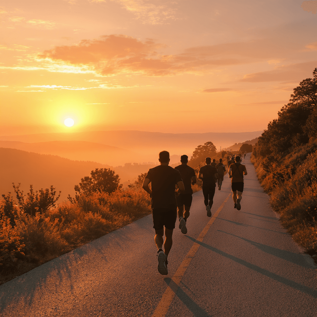 Athletes running together at sunset