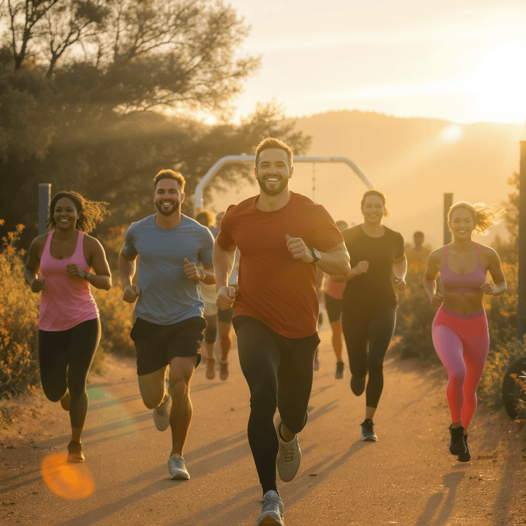 Group of diverse athletes training together outdoors at sunrise